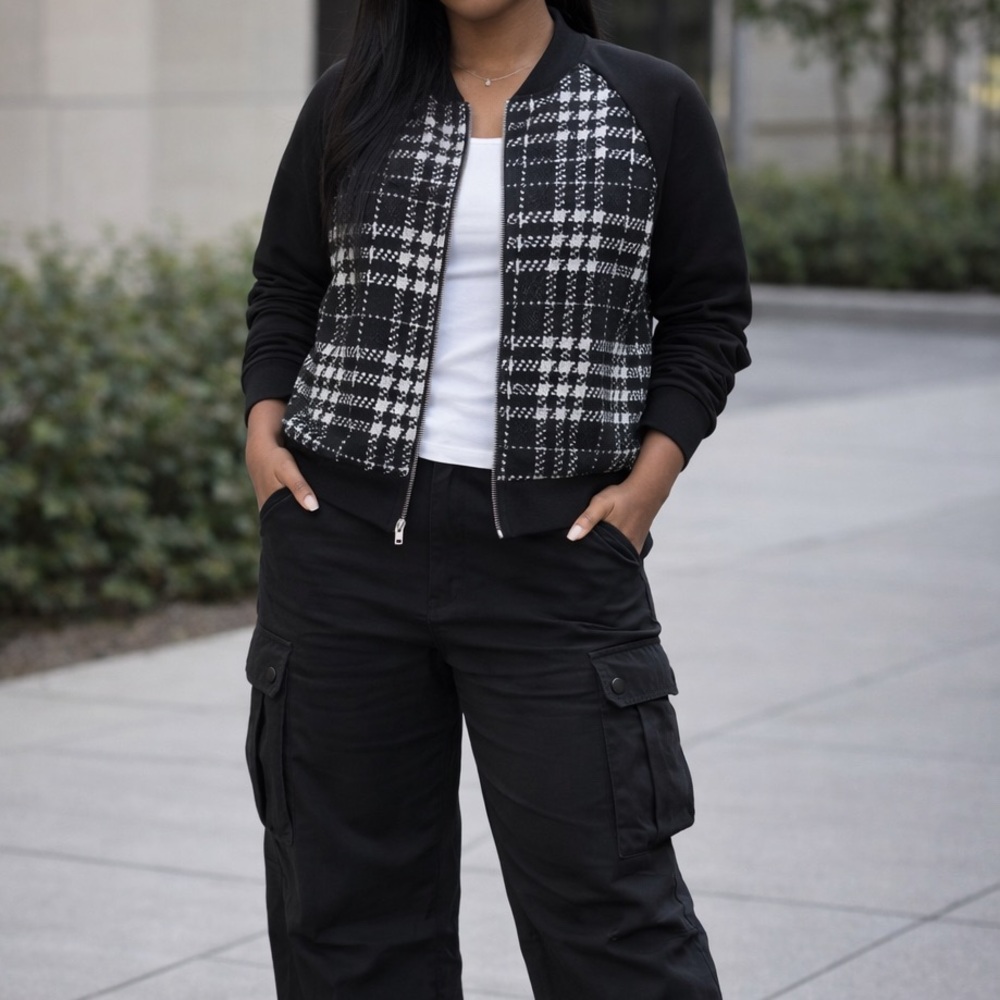 SHEIN Black and White Checkered Bomber Jacket